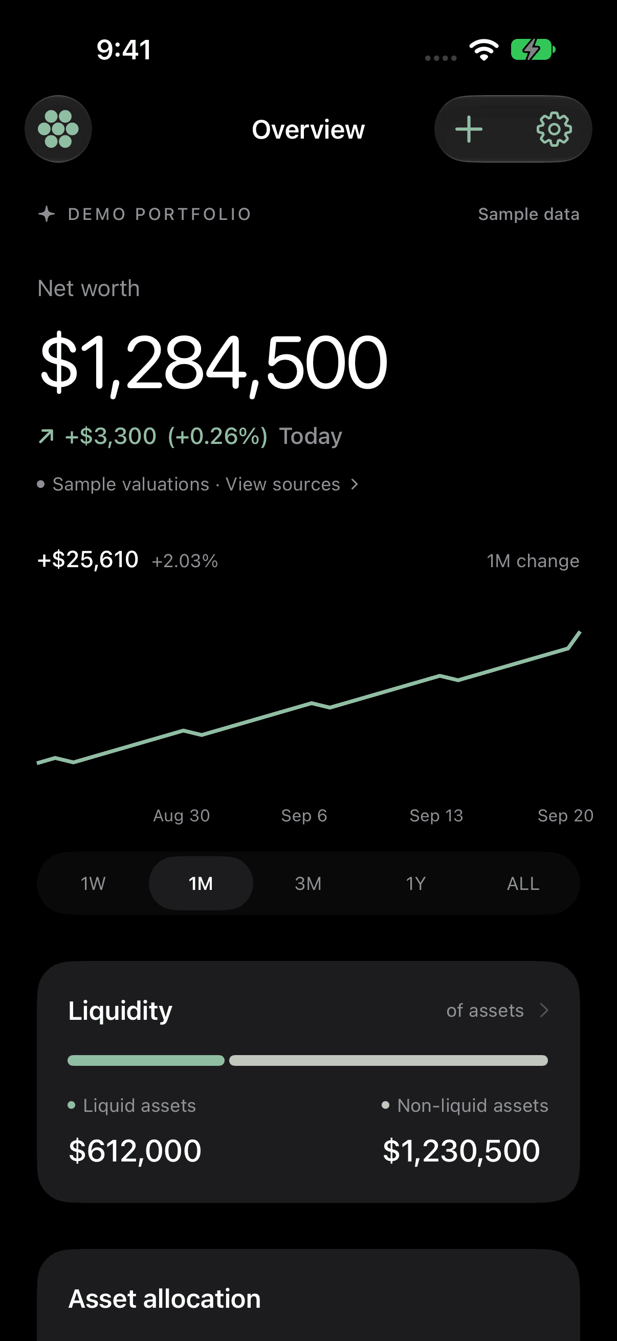 Net Worth Tracker prototype showing a fictional demo portfolio, net worth history, and liquidity breakdown.